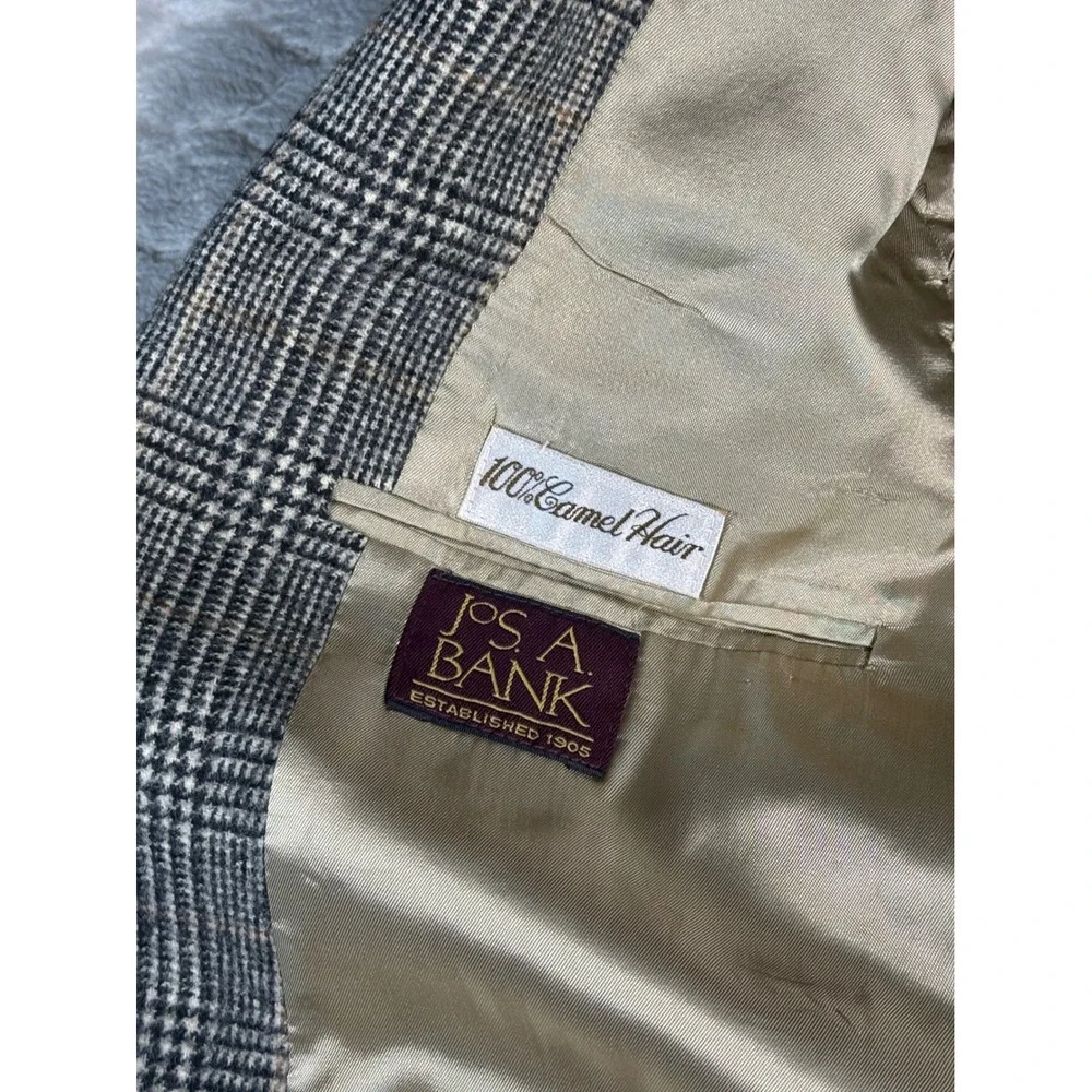 Jos A Bank Mens Glen Plaid Blazer 100% Camel Hair Grey Tan Sport Coat 44R 45R